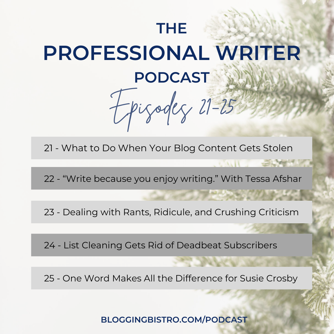 The Professional Writer Podcast with Laura Christianson | BloggingBistro.com | Episodes 21-25